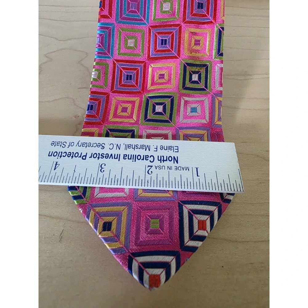 Handmade in England Silk Tie Pink Geometric Concentric Square Embroidered Mens